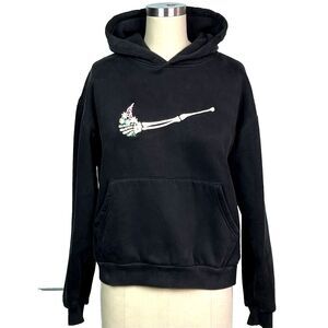 Upcycled Black Hoodie Embroidered Swoosh Skelton Arm Flowers Women's Size Small